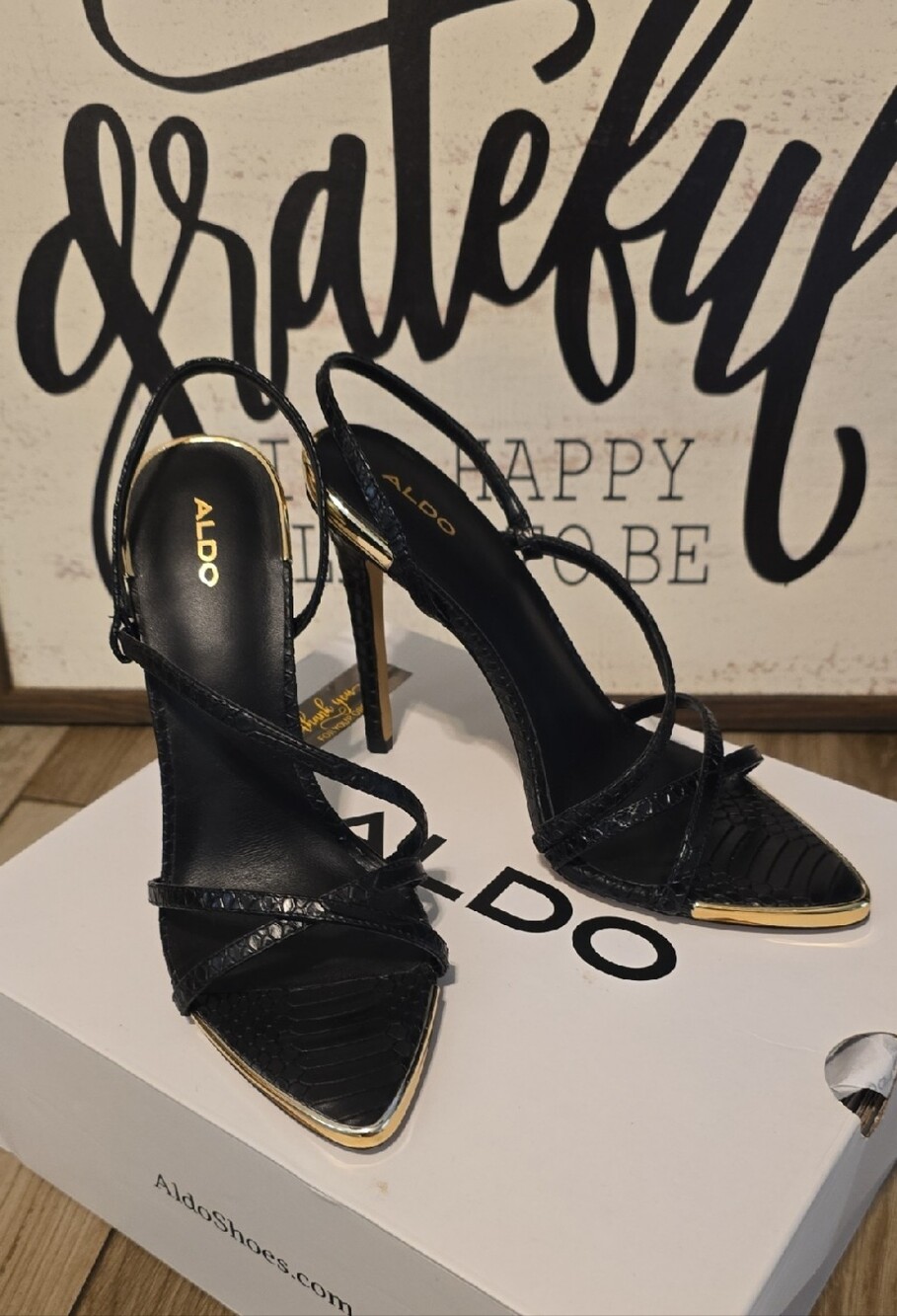 ALDO Black Strappy Pointed Toe Stiletto Sandals with Gold Trim